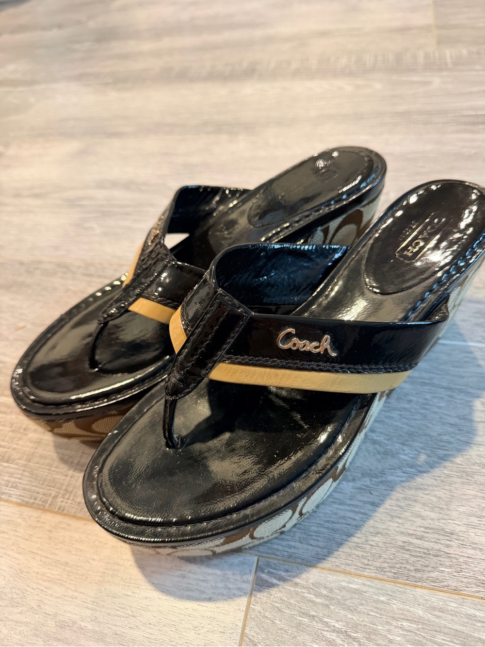 Coach Black and Cream Wedge Thong Sandals